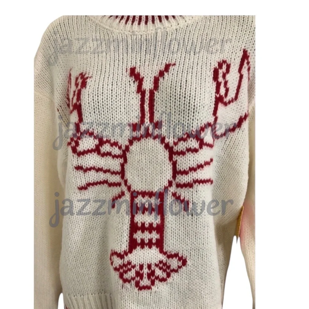 offwhite red whipstitch style lobster print crochet knit sweater size medium new